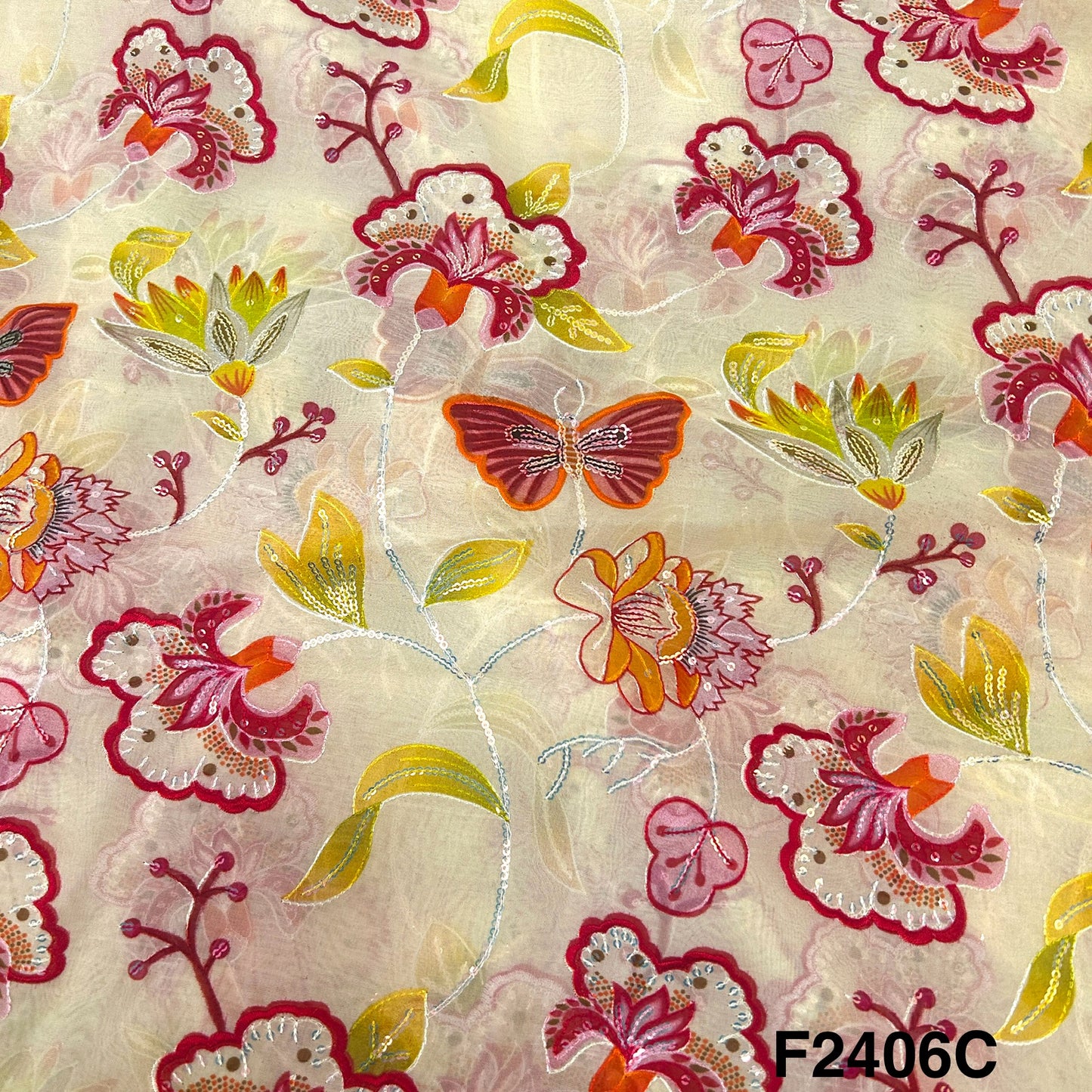 Thread Sequins Embroidered Organza Fabric-F2406
