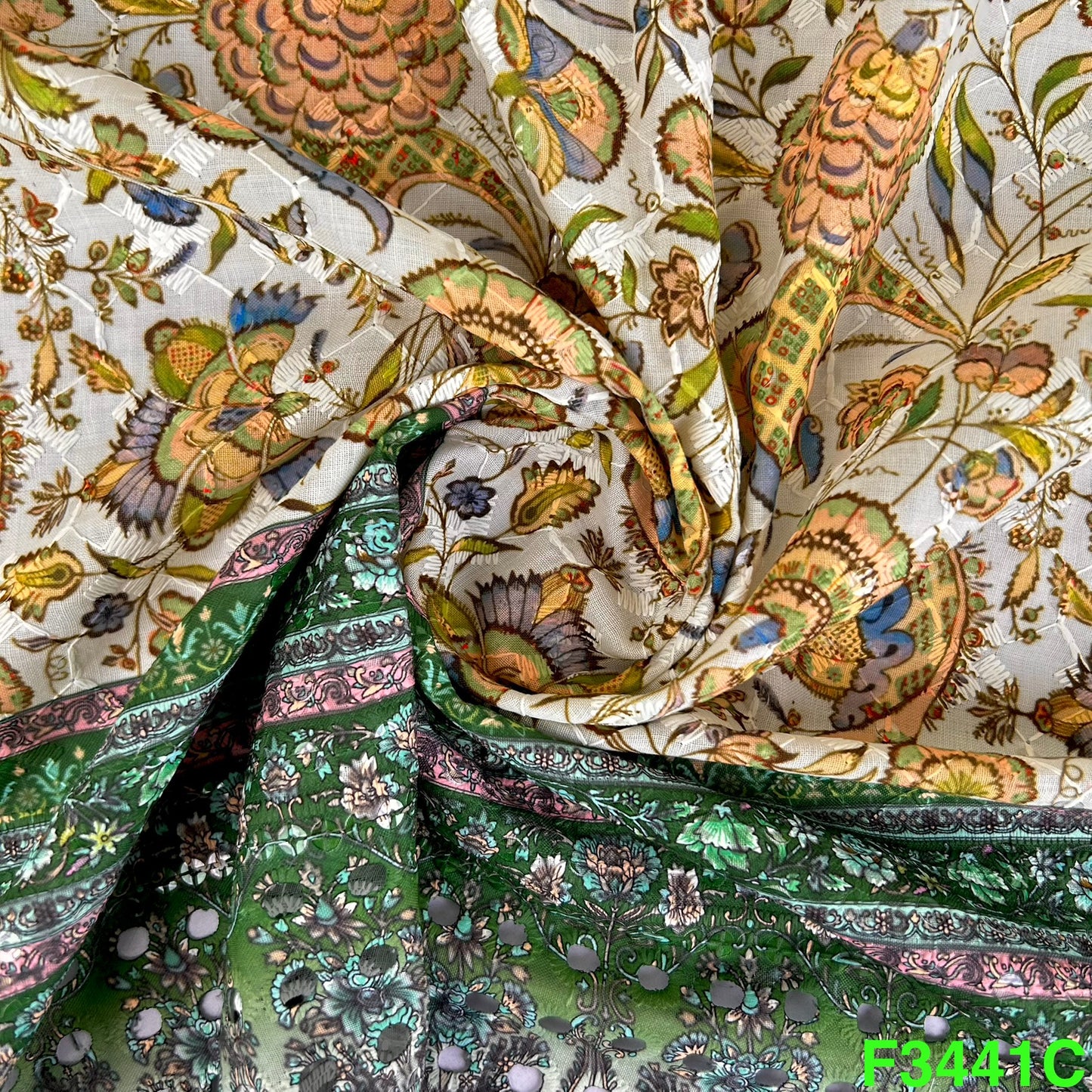 Positional Print Thread Embroidered Cotton Fabric-F3441