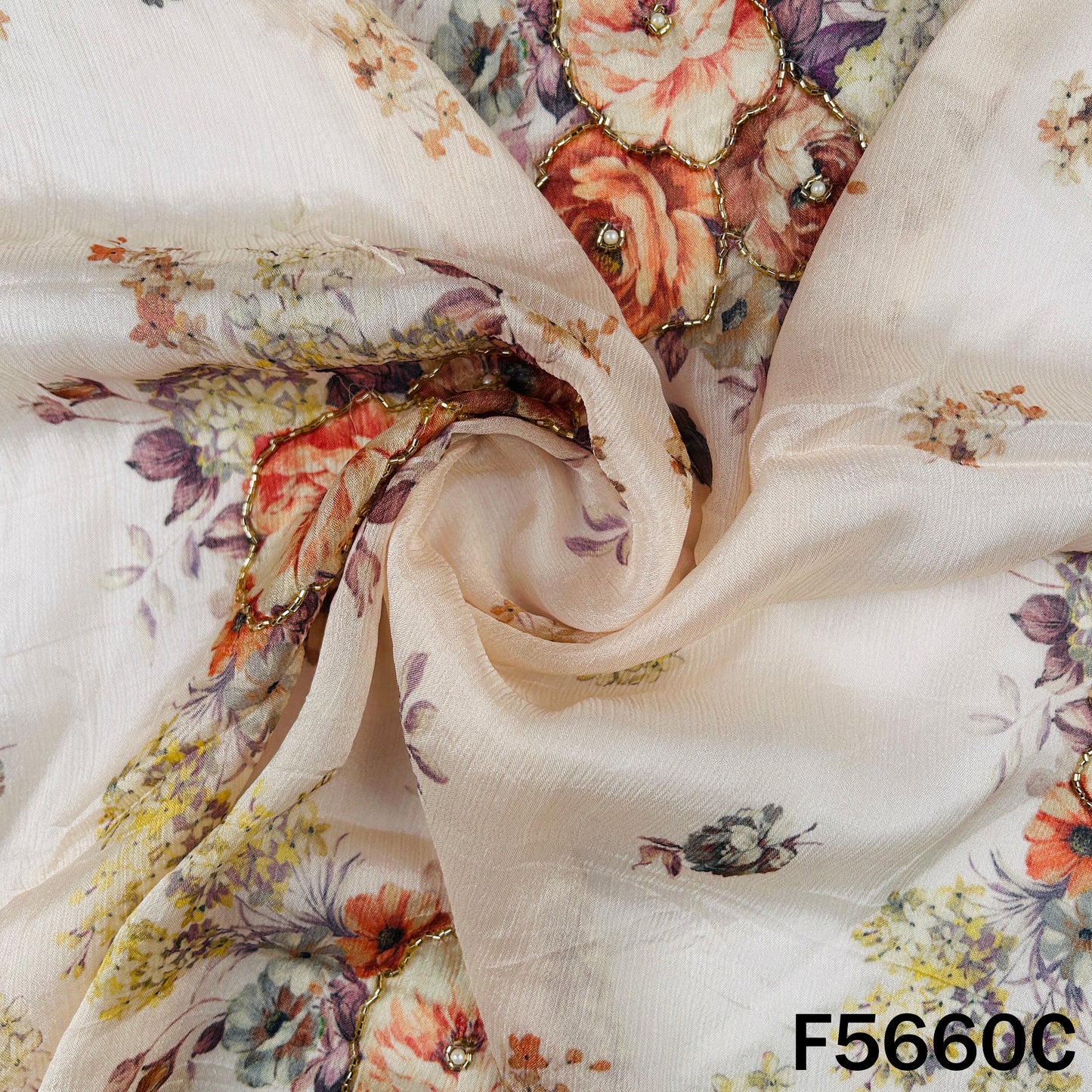 Digital Print Cut Dana Pearl Work Chinnon Chiffon Fabric - F5660
