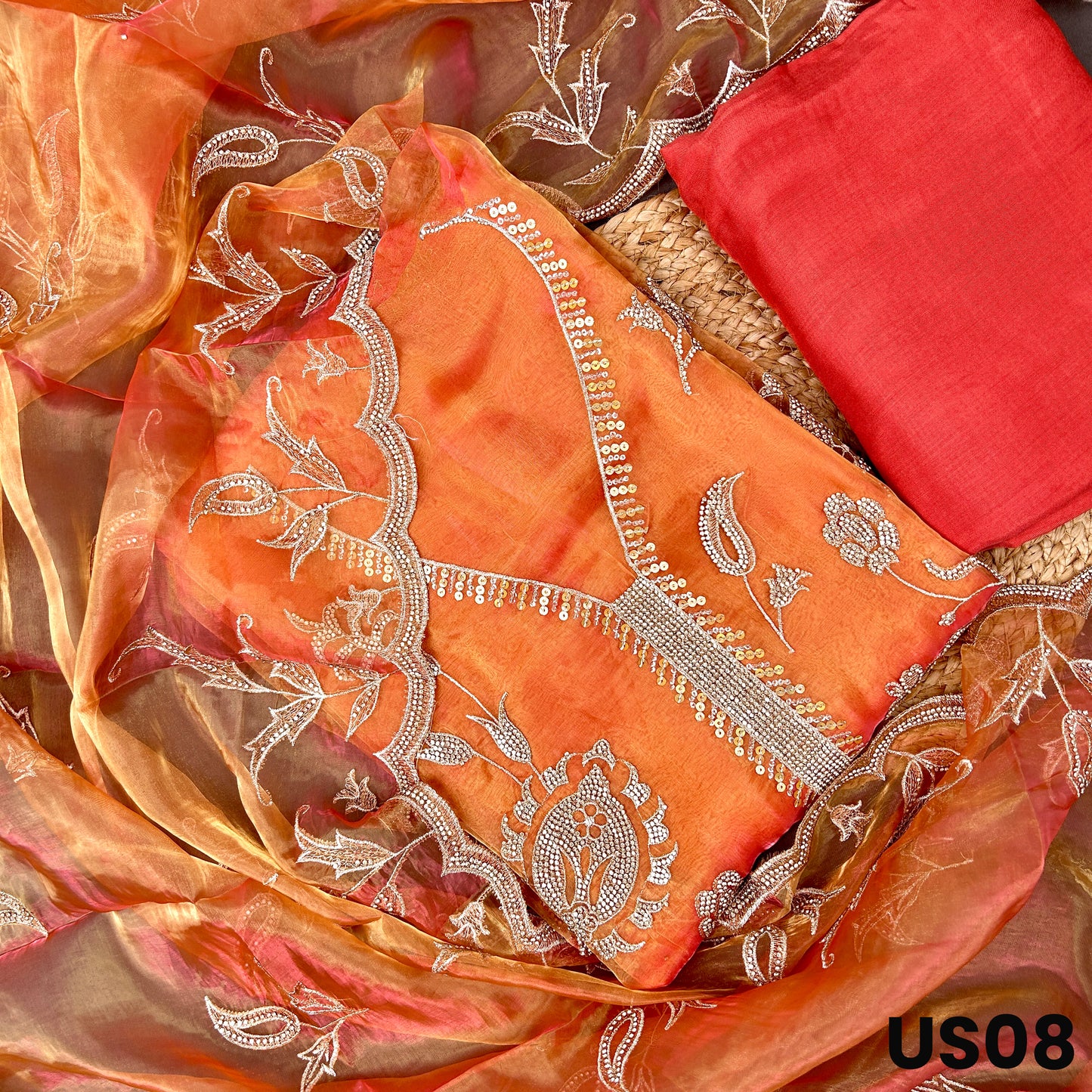 Dual Tone Organza Embroidered Unstitched Suit Set - US08