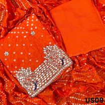 Orange Bandhani Print Upada Silk Unstitched Suit Set - US09