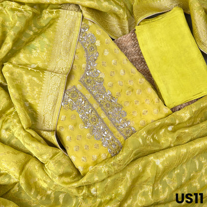 Olive Green Upada Silk Unstitched Suit Set - US11