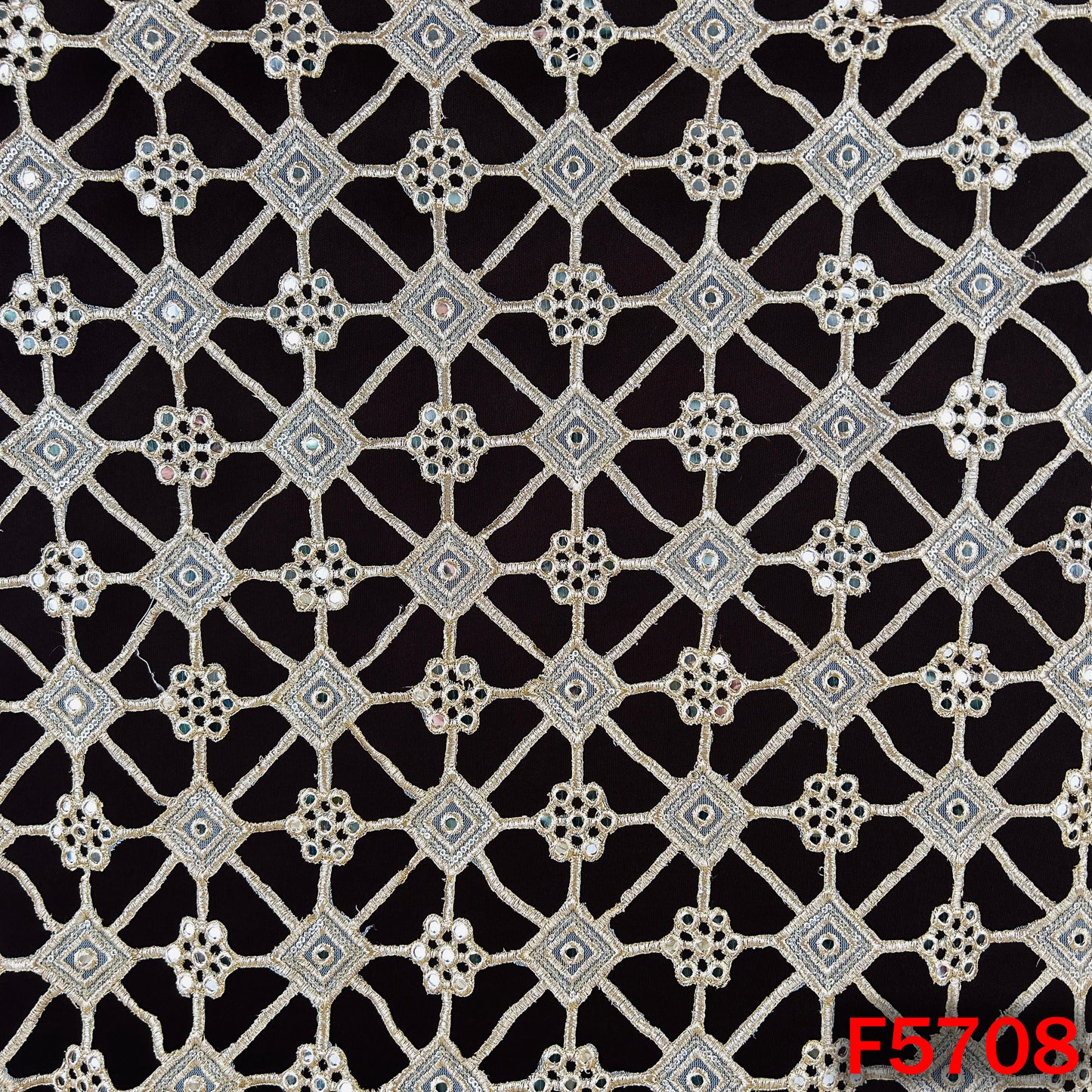 Zari Sequins Faux Mirror Fancy Cut Work Fabric - F5708