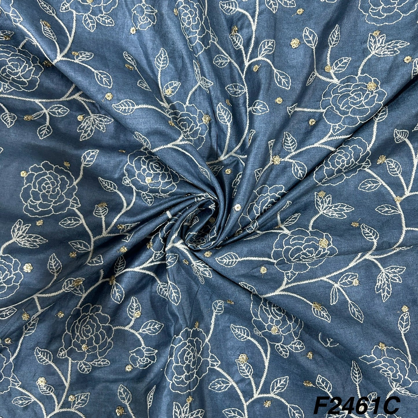 Zari Thread Embroidered Tusser Silk Fabric-2461