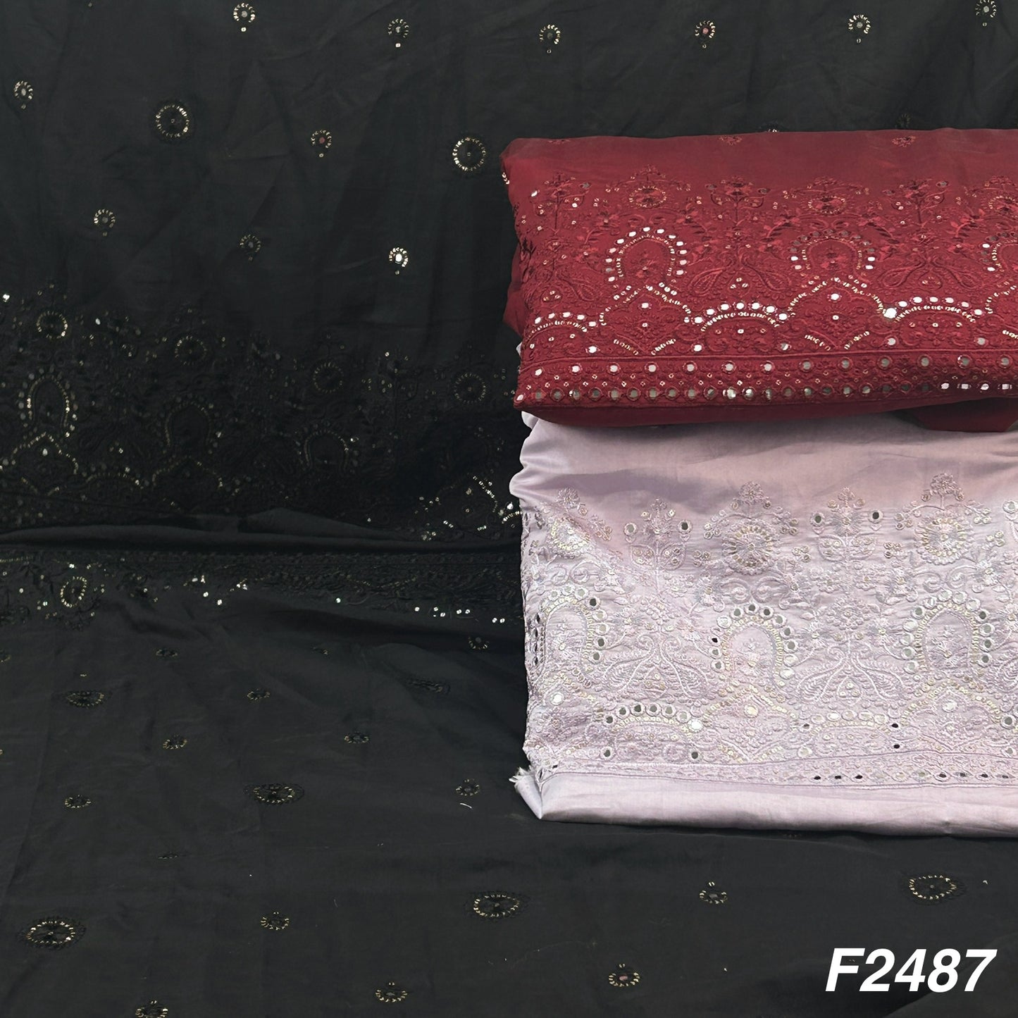 Thread Sequins Mirror Embroiderd Cotton Silk Fabric F2487