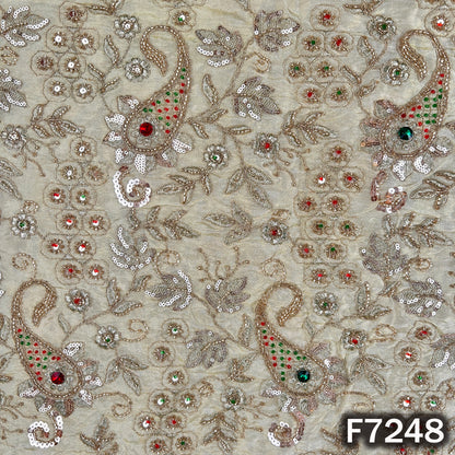 Dyeable Cut Dana Stone Sequins Zari Embroidered Shimmer Tissue Fabric - F7248