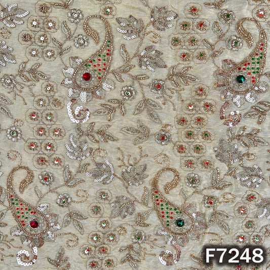 Dyeable Cut Dana Stone Sequins Zari Embroidered Shimmer Tissue Fabric - F7248