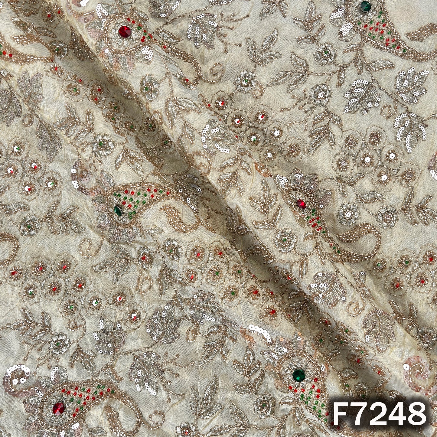 Dyeable Cut Dana Stone Sequins Zari Embroidered Shimmer Tissue Fabric - F7248