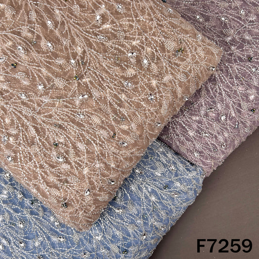 Cut Dana Beads Embroidered Peasted Stone Work Net Fabric - F7259