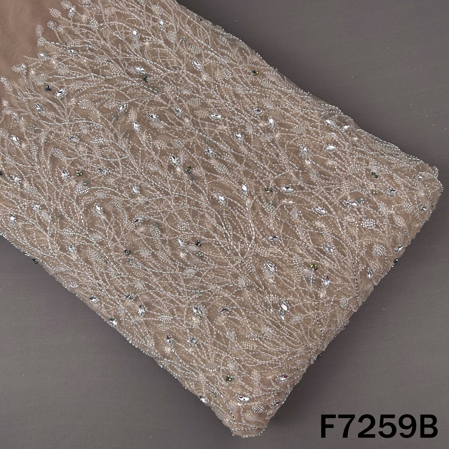 Cut Dana Beads Embroidered Peasted Stone Work Net Fabric - F7259