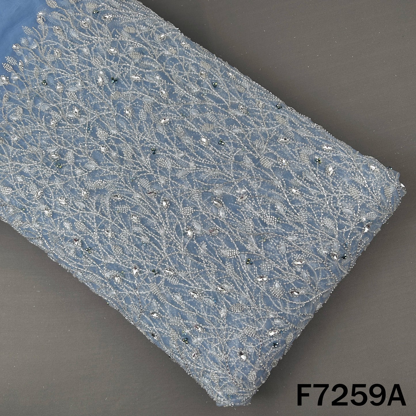 Cut Dana Beads Embroidered Peasted Stone Work Net Fabric - F7259