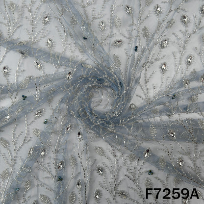 Cut Dana Beads Embroidered Peasted Stone Work Net Fabric - F7259