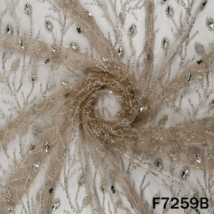 Cut Dana Beads Embroidered Peasted Stone Work Net Fabric - F7259
