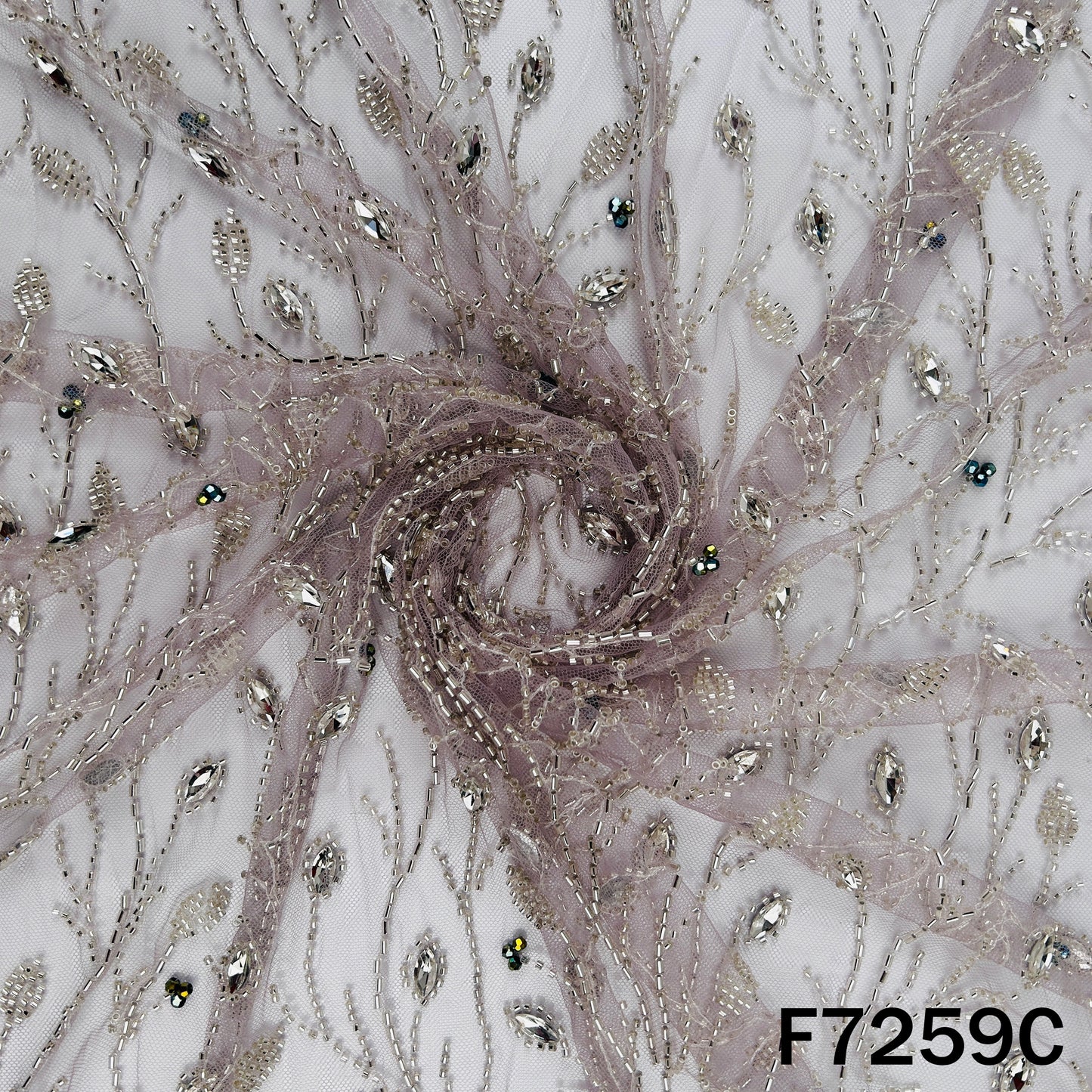 Cut Dana Beads Embroidered Peasted Stone Work Net Fabric - F7259