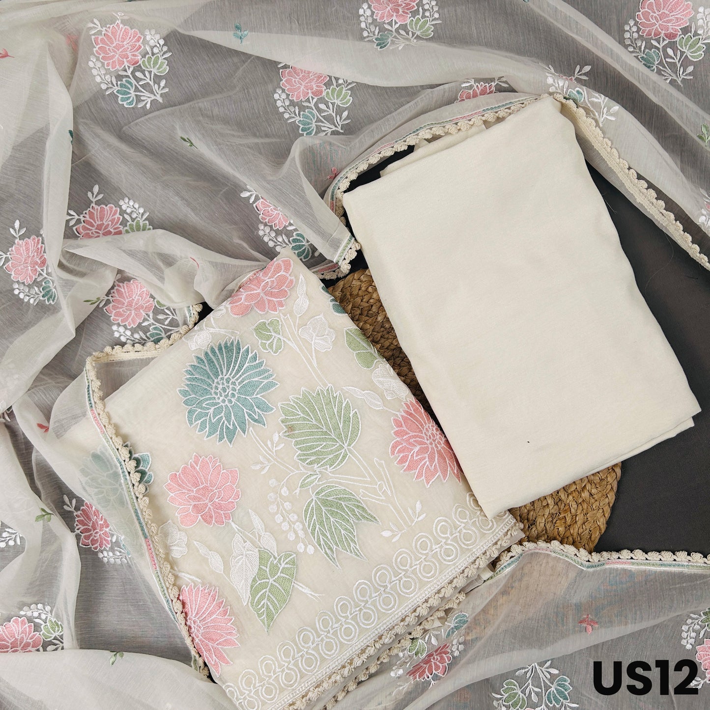Cream Mul Chanderi Unstitched Suit Set - US12