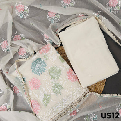 Cream Mul Chanderi Unstitched Suit Set - US12