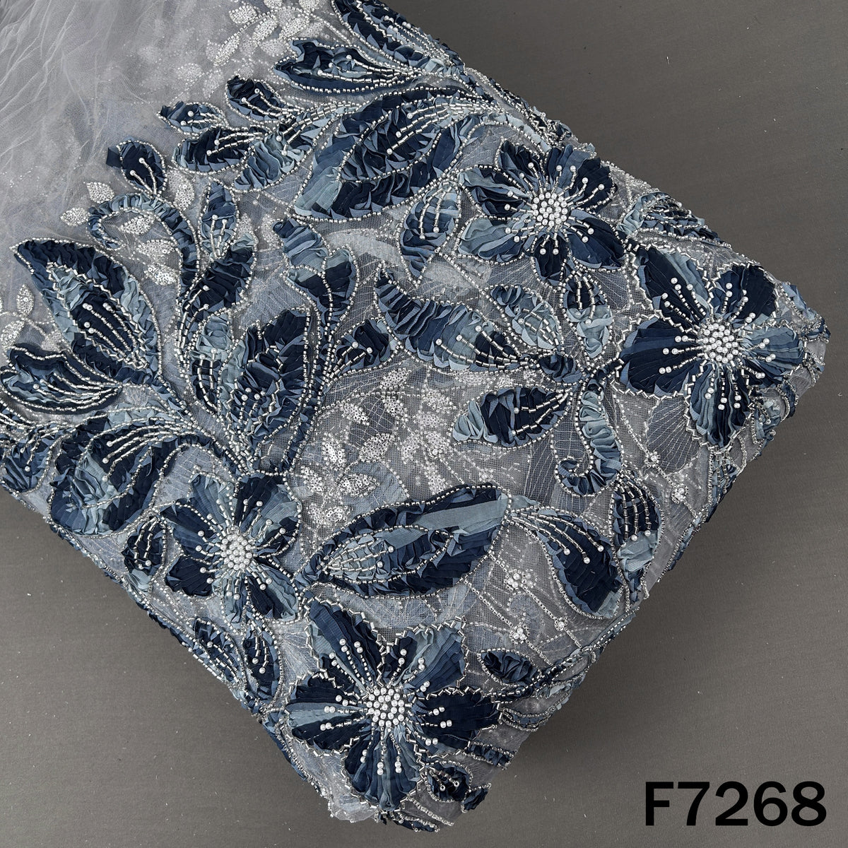 Imported Cut Dana Pearls Embroidered Applique work Net Fabric - F7268