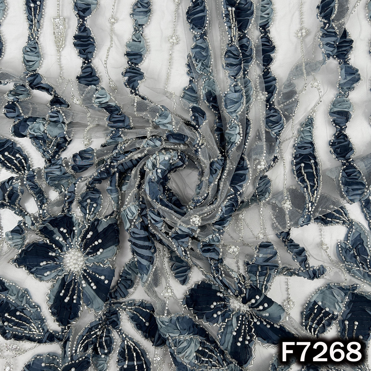 Imported Cut Dana Pearls Embroidered Applique work Net Fabric - F7268