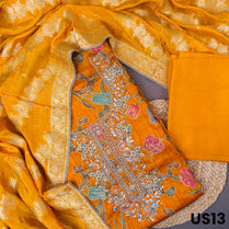 Mustard Yellow Dola Silk Embroidered Unstitched Suit Set - US13