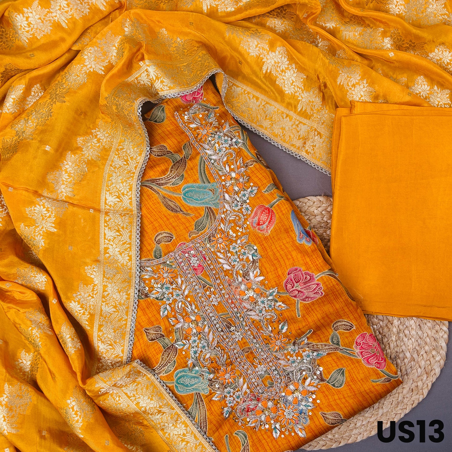 Mustard Yellow Dola Silk Embroidered Unstitched Suit Set - US13