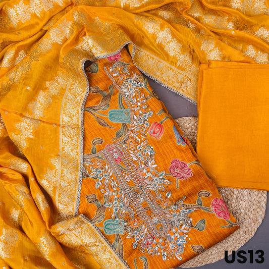Mustard Yellow Dola Silk Embroidered Unstitched Suit Set - US13