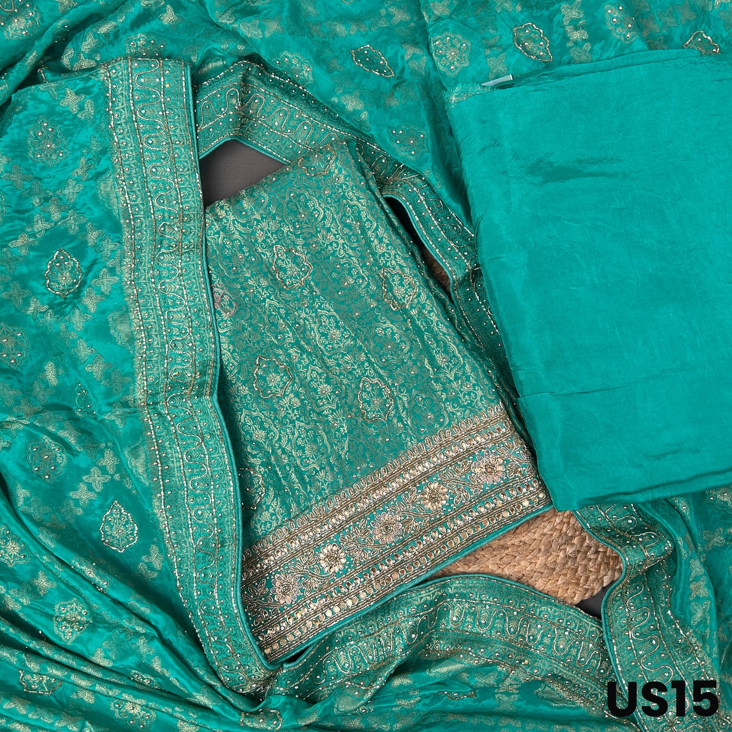 Turquoise Green Dola Silk Unstitched Suit Set - US15