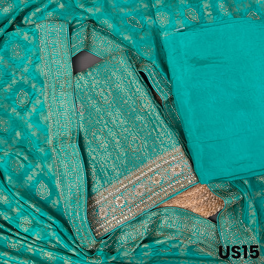 Turquoise Green Dola Silk Unstitched Suit Set - US15