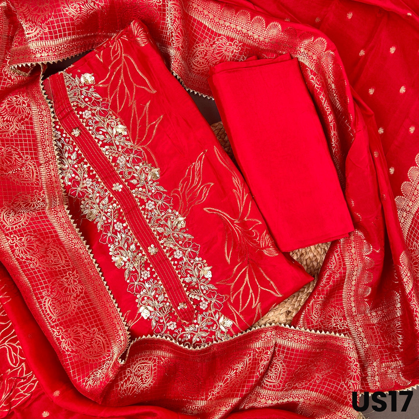 Red Dola Silk Unstitched Suit Set - US17