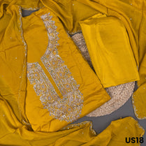 Mustard Yellow Chinnon Chiffon Unstitched Suit Set - US18