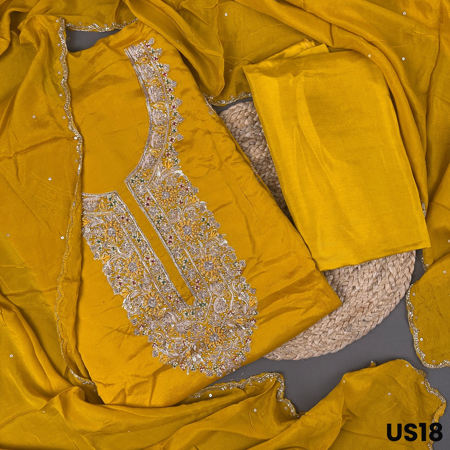 Mustard Yellow Chinnon Chiffon Unstitched Suit Set - US18