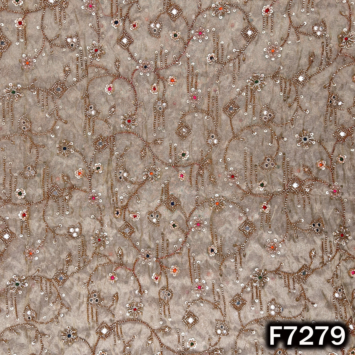 Cut Dana Thread Zari Sequins Pearl Faux Mirror Work Shimmer Tissue Fabric - F7279