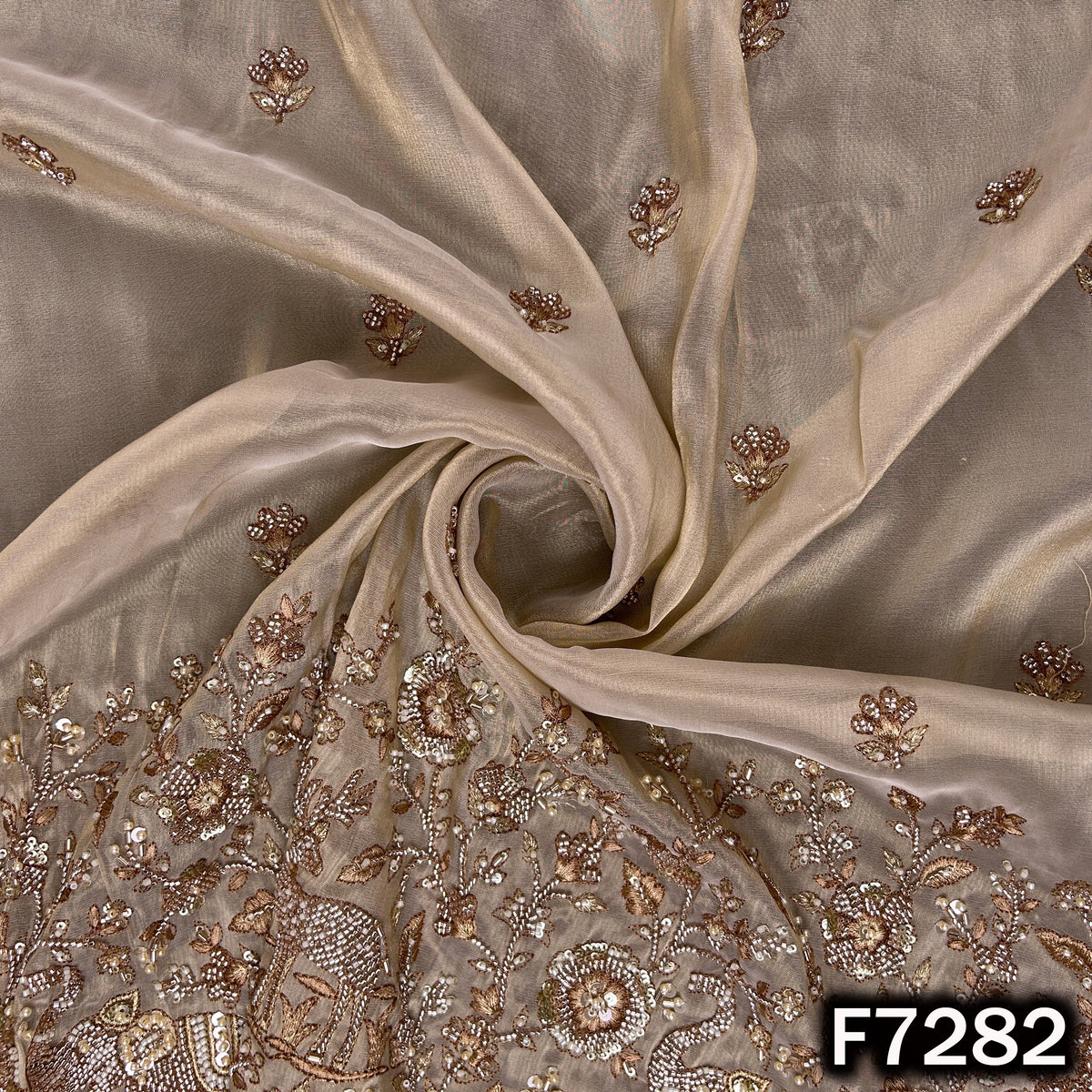 Cut Dana Pearl Thread Zari Sequins Work Shimmer Tissue Fabric - F7282