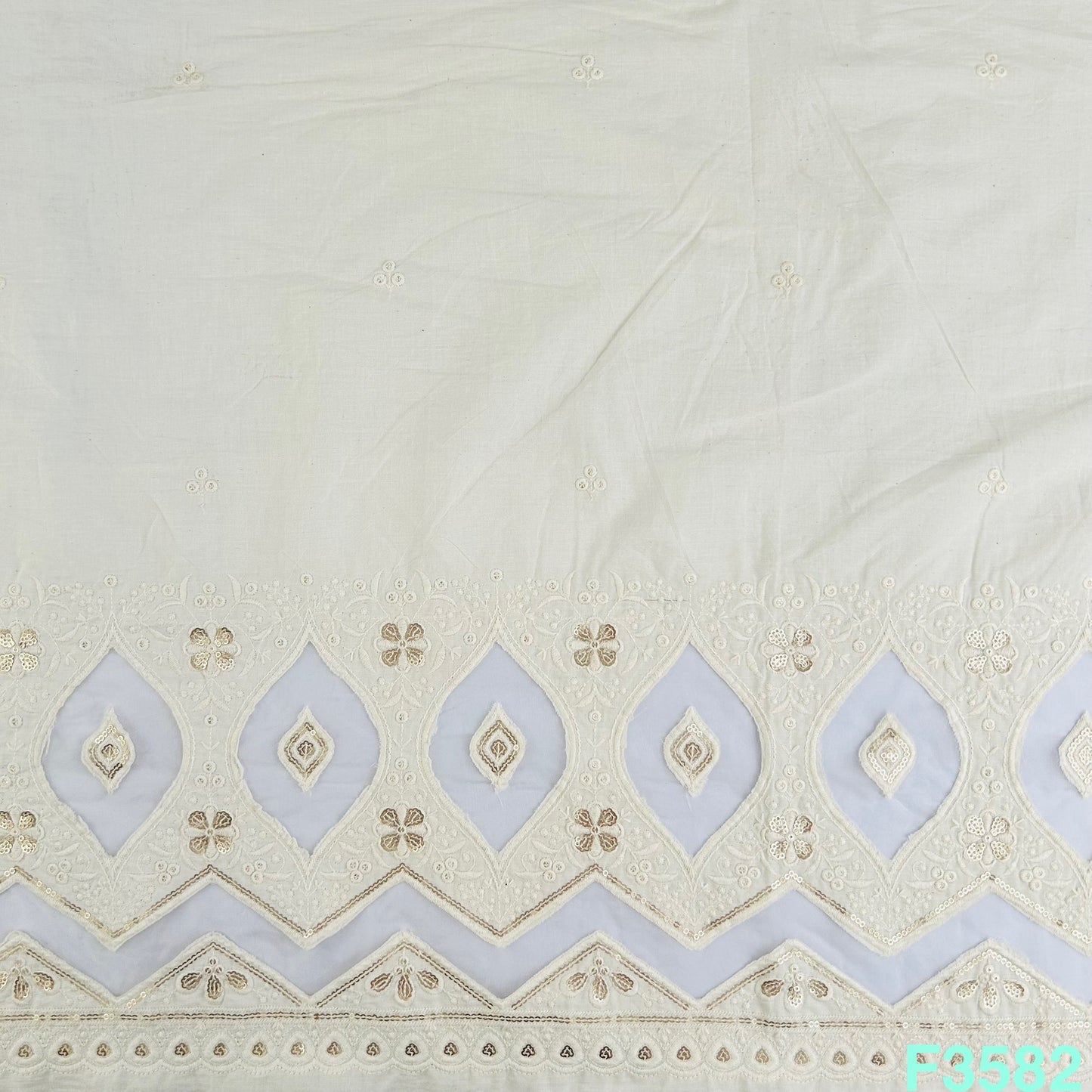 Organza Patch Work Thread Sequins Embroidered Kora Cotton Fabric-F3582