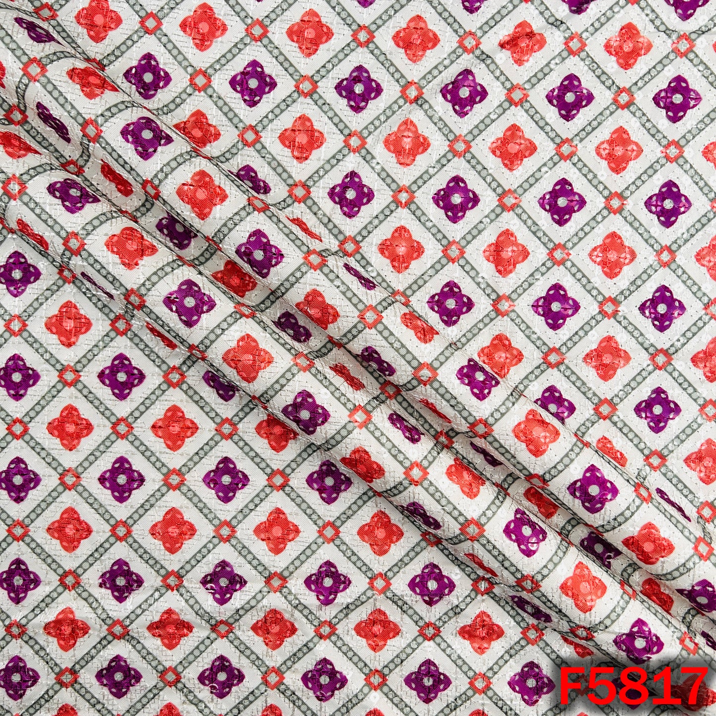 Digital Print Chikankari Sequins Work Cotton Fabric - F5817
