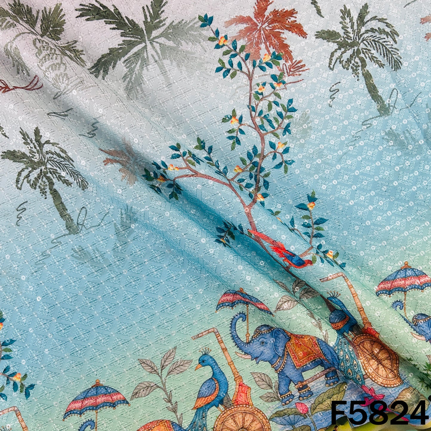 Digital Print Chikankari Sequins Work Cotton Fabric - F5824