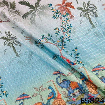 Digital Print Chikankari Sequins Work Cotton Fabric - F5824