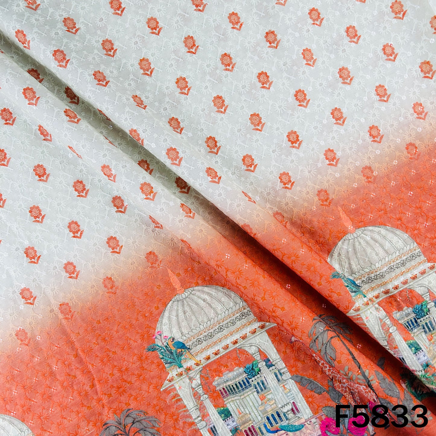 Digital Print Chikankari Sequins Work Cotton Fabric - F5833