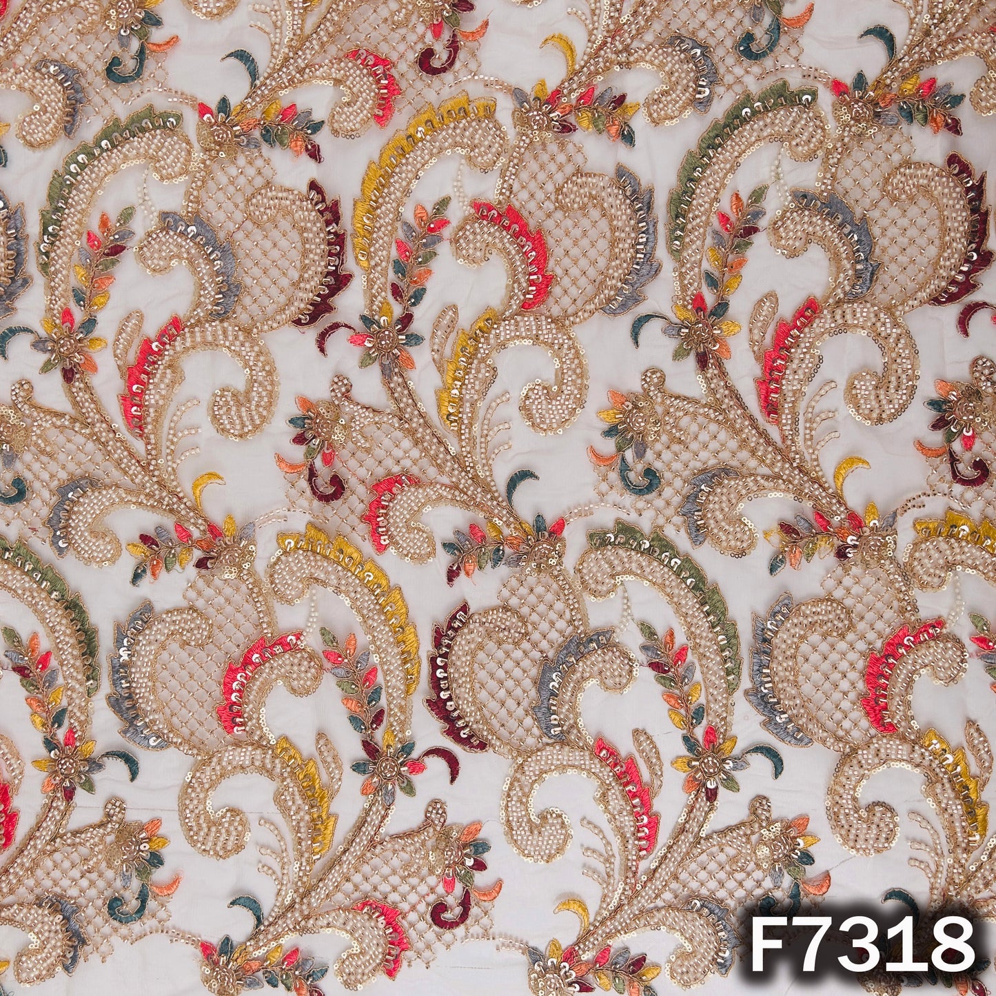 Cut Dana Zari Thread Sequins Embroidered Net Fabric - F7318