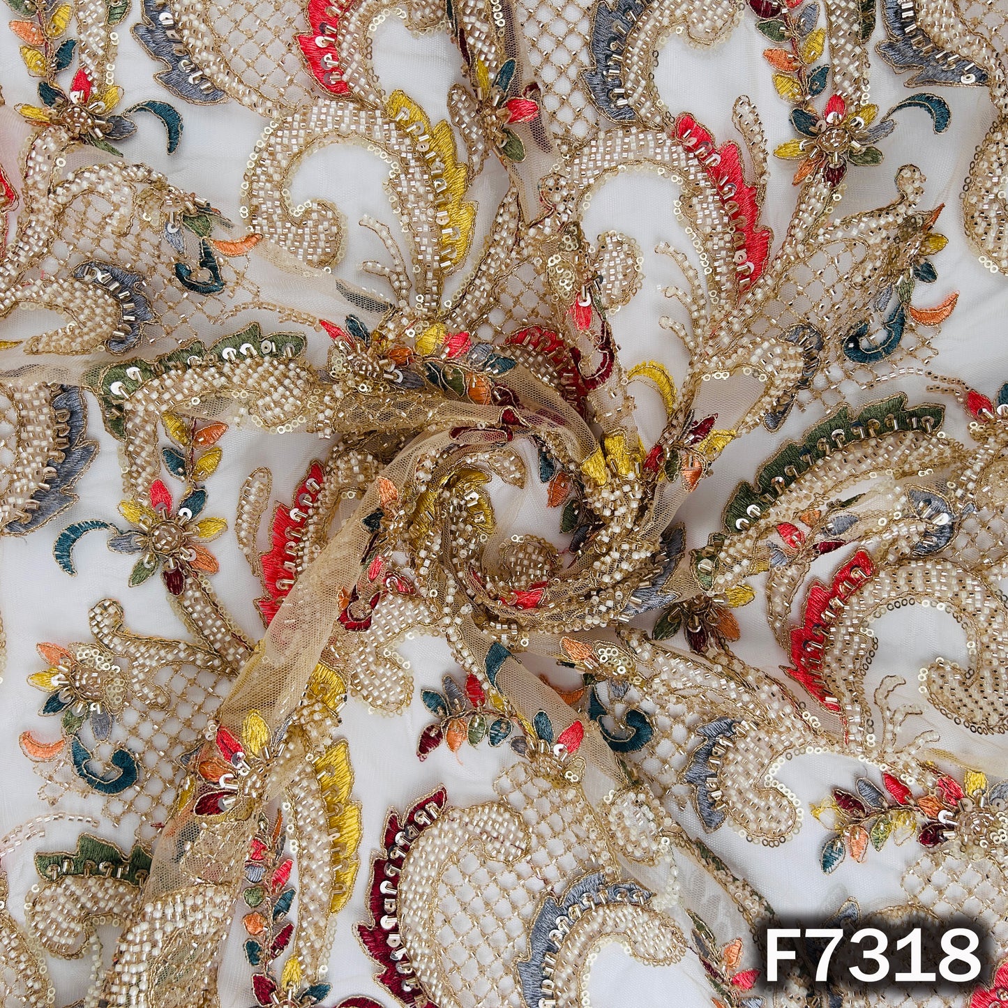 Cut Dana Zari Thread Sequins Embroidered Net Fabric - F7318