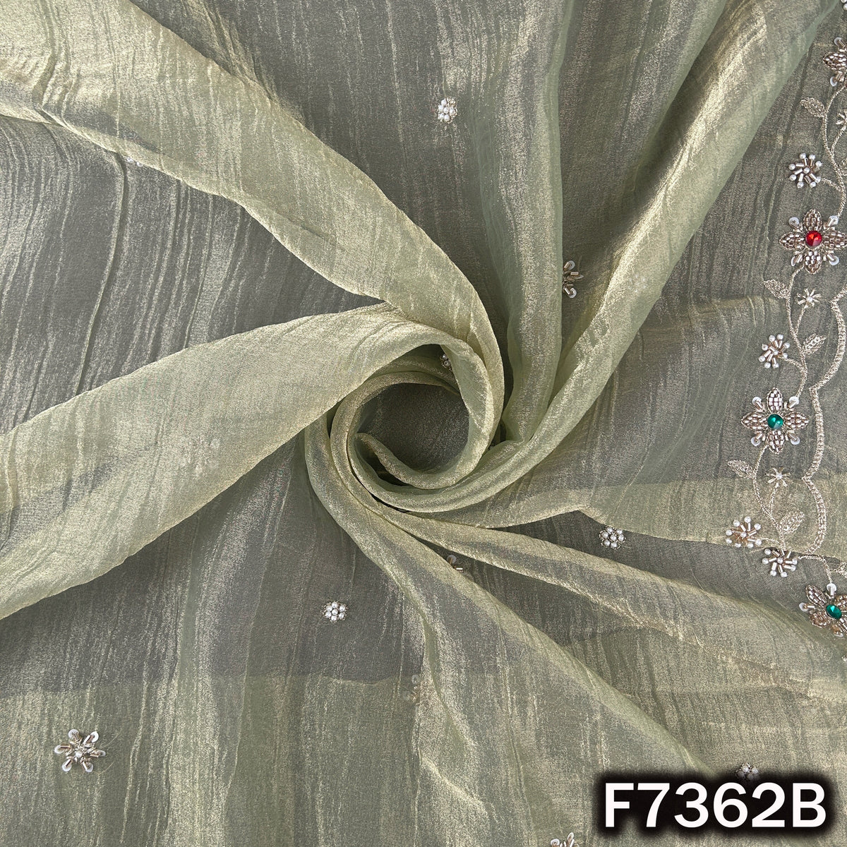 Cut Dana Zari Sequins Pearl Embroidered with Stone Work Crush Tissue Fabric - F7362