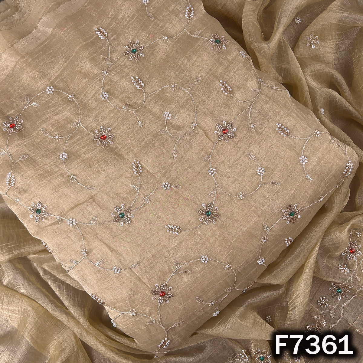 Cut Dana Zari Sequins Pearl Embroidered with Stone Work Crush Tissue Fabric - F7361