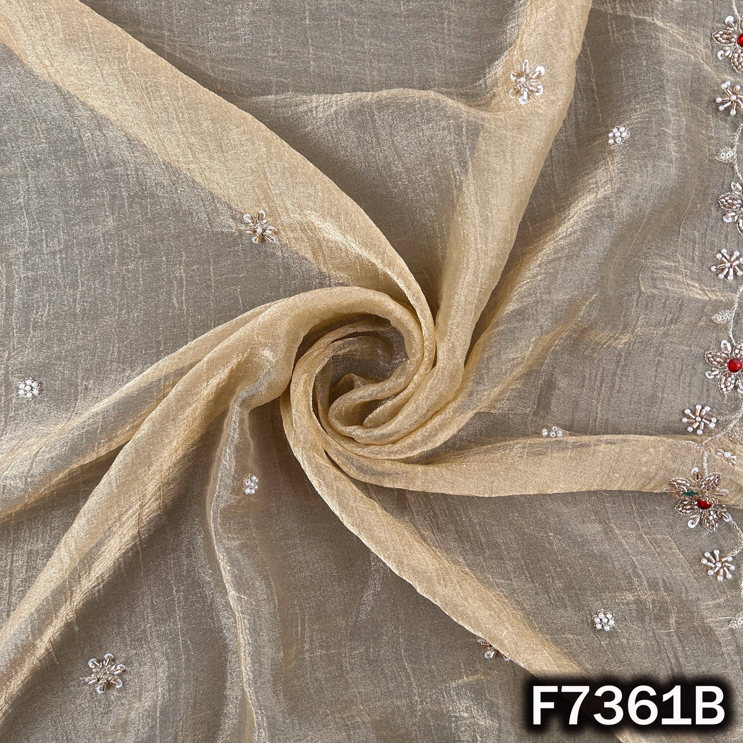 Cut Dana Zari Sequins Pearl Embroidered with Stone Work Crush Tissue Fabric - F7361