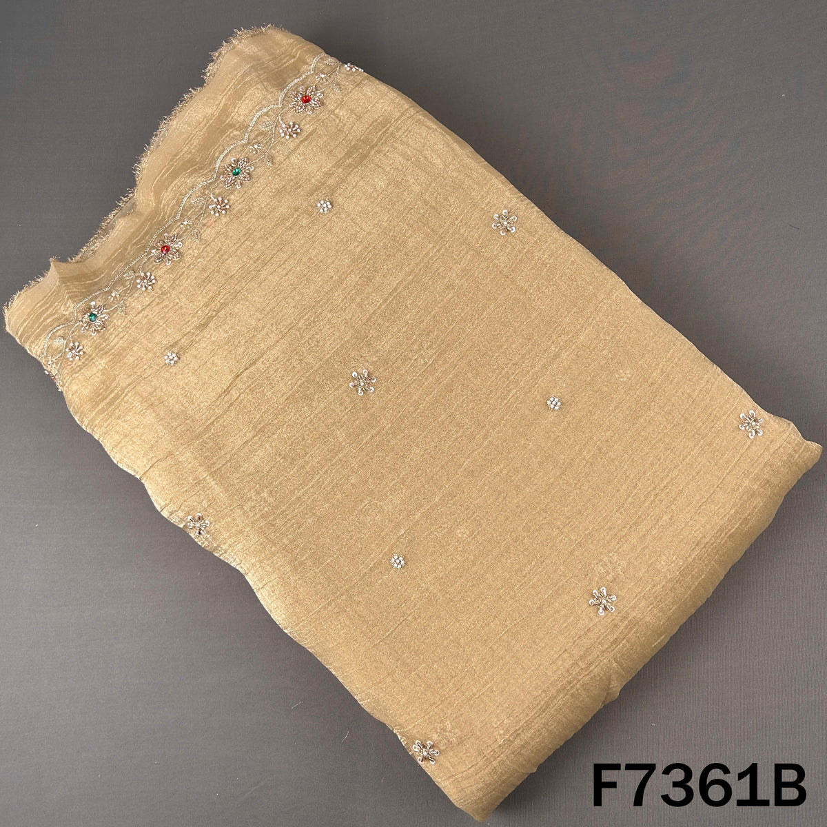 Cut Dana Zari Sequins Pearl Embroidered with Stone Work Crush Tissue Fabric - F7361