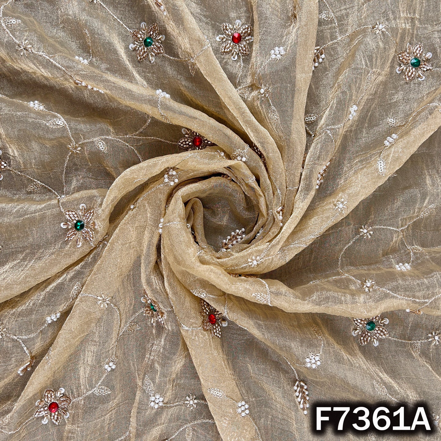 Cut Dana Zari Sequins Pearl Embroidered with Stone Work Crush Tissue Fabric - F7361
