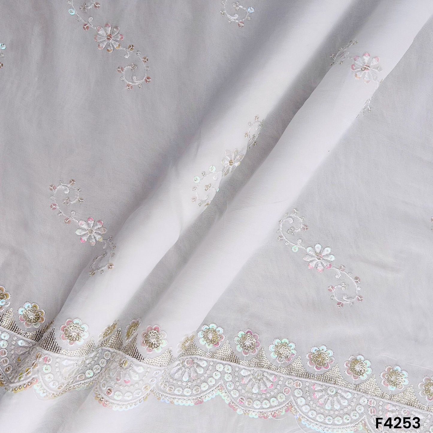 Dyeable Thread Sequins Embroidered Georgette Fabric- F4253