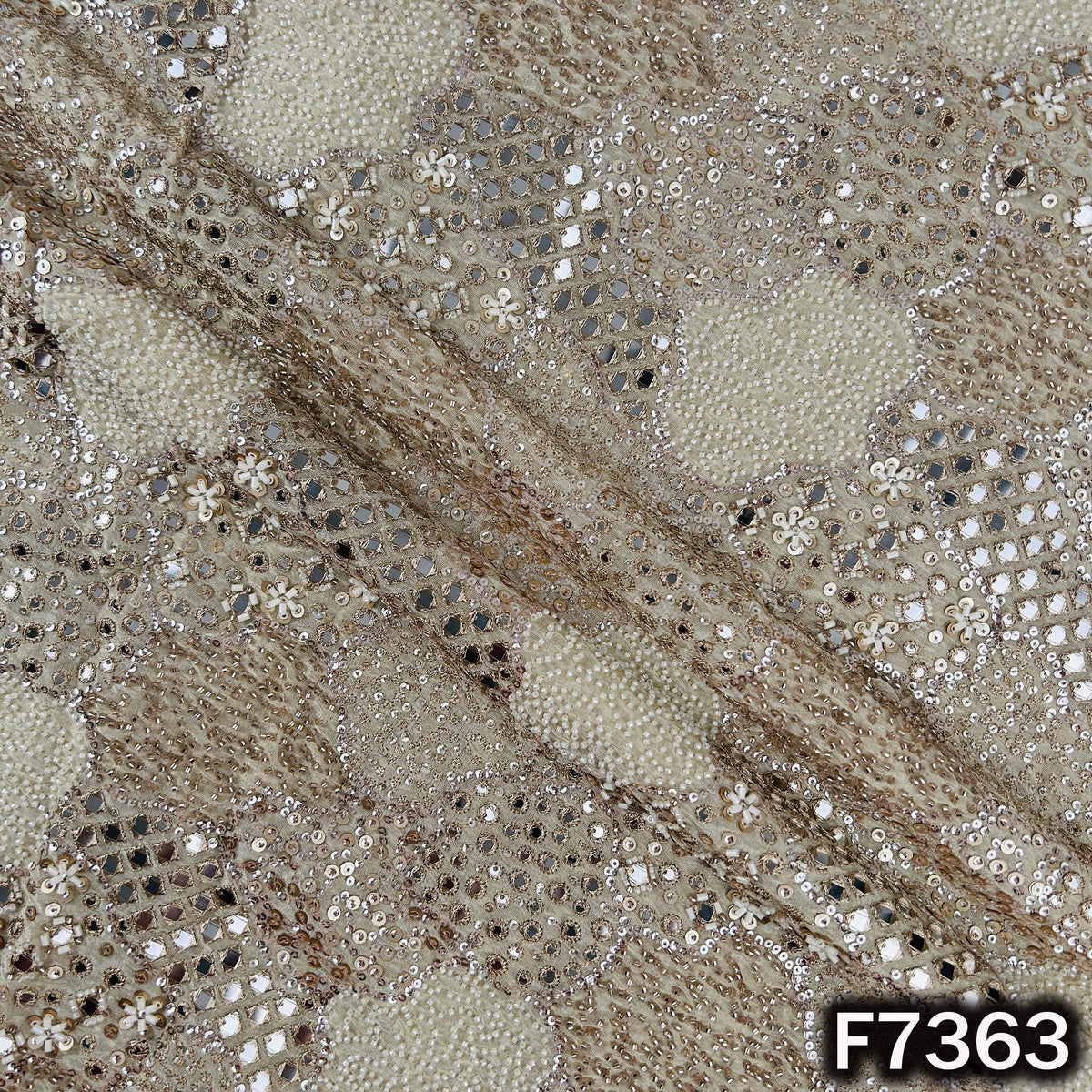 Dyeable Cut Dana Zari Sequins Faux Mirror Embroidered Shimmer Tissue Fabric - F7363
