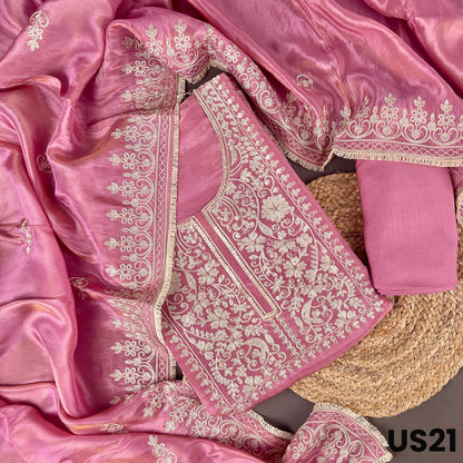 Rose Pink Tissue Silk Embroidered Unstitched Suit Set - US21