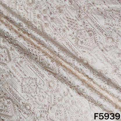 Thread Embroidered Linen Silk Fabric - F5939