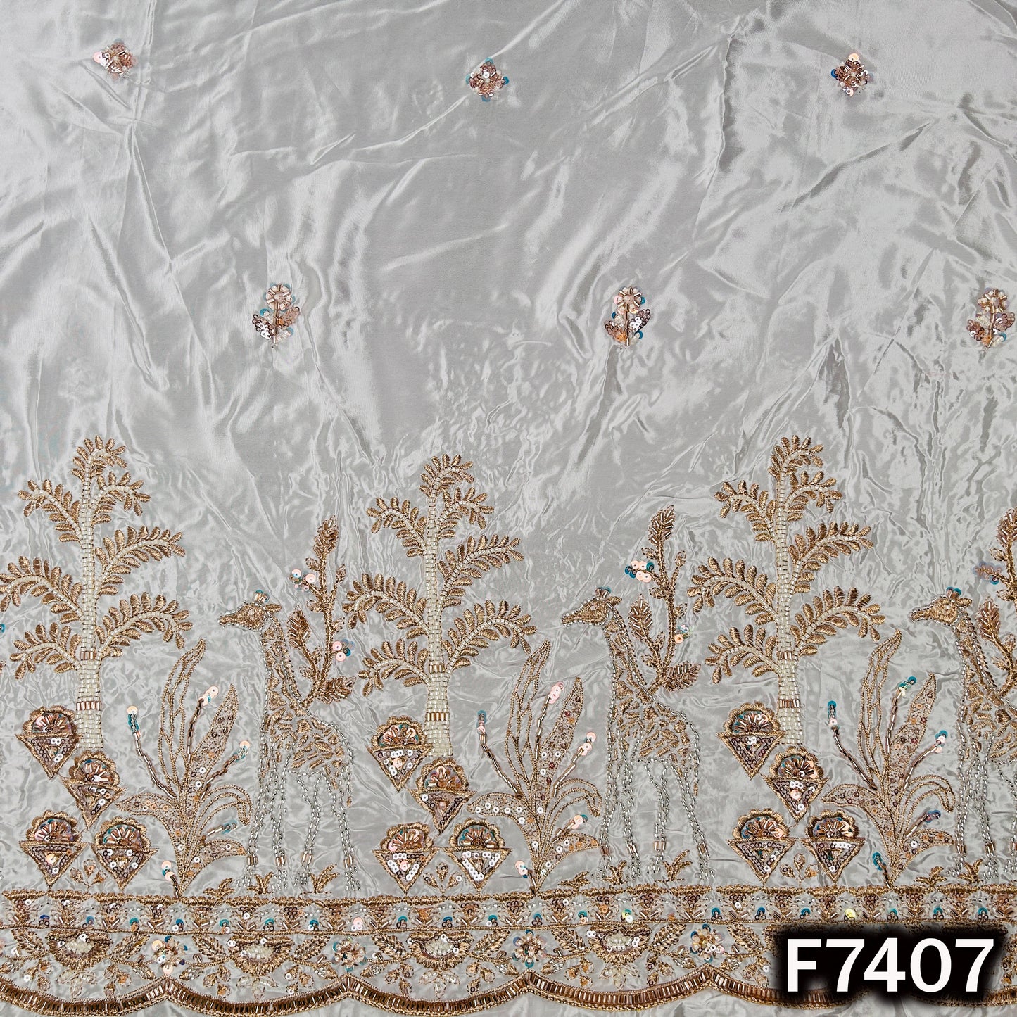 Dyeable Cut Dana Zari Sequins Embroidered Crepe Fabric - F7407