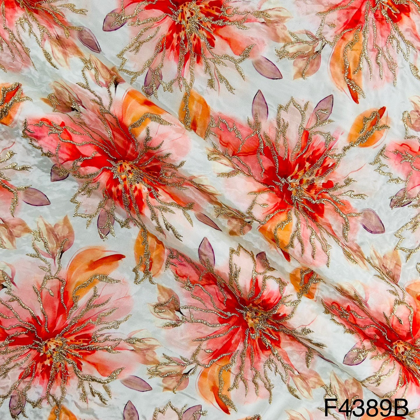 Positional Print Zari Embroidered Crepe Fabric-F4389